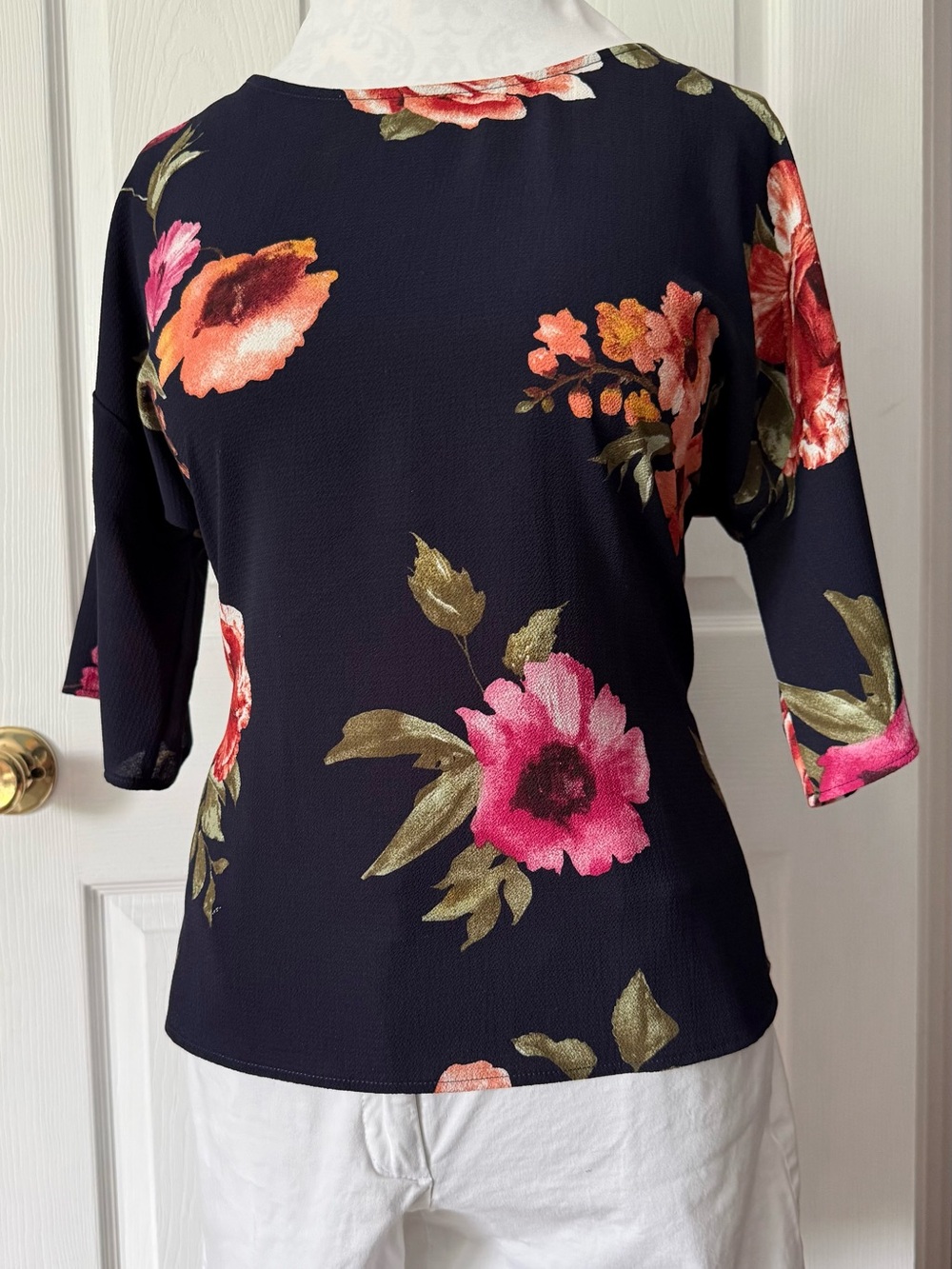 West Kei Navy Floral Blouse with Pink and Coral Blooms